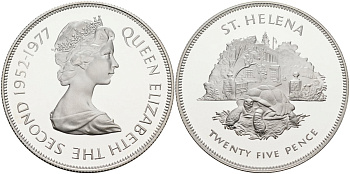 Остров Святой Елены 25 пенсов 1977 25 лет правления Елизаветы II (1952-1977), черепаха, тираж 25000 экз. KM 6а серебро PROOF 1098-2-21