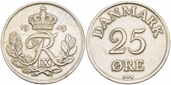 Дания 25 эре 1949 N; S, Фредерик IX (1947-1972) KM 842.1 медно-никельь 4548-252
