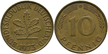 ФРГ 10 ПФЕННИГОВ 1973 D KM 108, J.383 сталь плакированная латунью 33-131