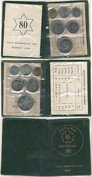 Испания официальный набор из 6 монет (50 сентимов; 1, 5, 25, 50 и 100 песет) 1980 (80) чемпионат мира по футболу в Испании 1982 года KM MS11 (815, 816, 817, 818, 819 и 820) UNC 8-2-06-28
