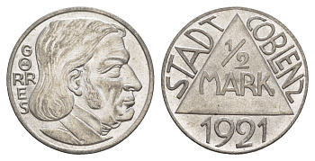 Кобленц 1/2 марки 1921 Funck 80.9A, Men05 4526.18, Men18 5727.18/20 сталь UNC 4637-1134