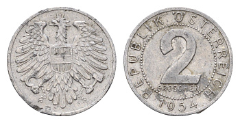 Австрия 2 гроша 1954 KM 2876 алюминий 4669-661