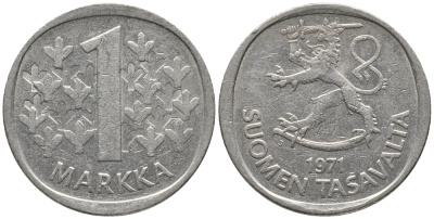 ФИНЛЯНДИЯ 1 МАРКА 1971 KM 49а медно-никель 34-1051