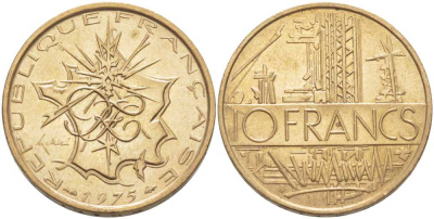 Франция 10 франков 1975 тип Матье KM 940, Le Franc 365.5-6 никель латунь 38-344
