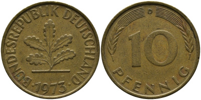ФРГ 10 ПФЕННИГОВ 1973 D KM 108, J.383 сталь плакированная латунью 33-131