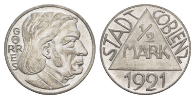 Кобленц 1/2 марки 1921 Funck 80.9A, Men05 4526.18, Men18 5727.18/20 сталь UNC 4637-1134