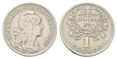 Португалия 1 эскудо 1929 голова Свободы вправо KM 578 никель латунь 4660-951