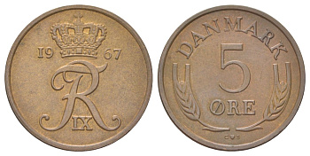 Дания 5 эре 1967 С. S, Фредерик IX (1947-1972) KM 848.1 бронза 4628-936