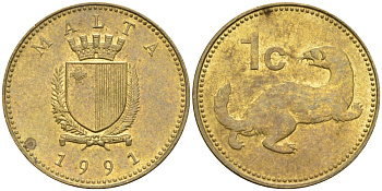 Мальта 1 цент 1991 ласка, горностай KM 93 никель латунь 4585-1216