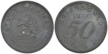 Барменов (Пруссия,Рейн) 50 пфеннигов 1917 Funck 30.2, Men05 1453.2, Men18 1851.2 цинк 4566-343