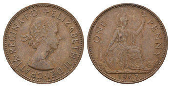 Великобритания 1 пенни 1967 Елизавета II (1952-2022) KM 897, Spink 4157 бронза 4692-732
