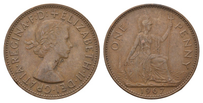 Великобритания 1 пенни 1967 Елизавета II (1952-2022) KM 897, Spink 4157 бронза 4692-732