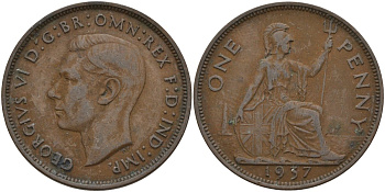 Великобритания 1 пенни 1937 Георг VI (1936-1952) KM 845, Spink 4114 бронза 4144-911