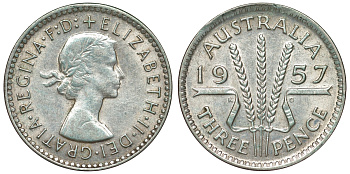 Австралия 3 пенса 1957 m, Елизавета II (1952-2022) KM 57 серебро 71-546