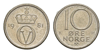 Норвегия 10 эре 1981 KM 416 медно-никель 4632-535