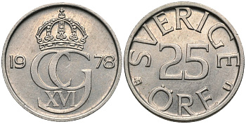 Швеция 25 эре 1978 Карл XVI Густав (1973- ) KM 851 медно-никель 4115-1255