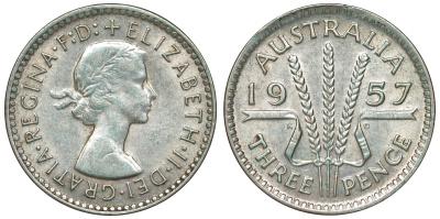 Австралия 3 пенса 1957 m, Елизавета II (1952-2022) KM 57 серебро 71-546
