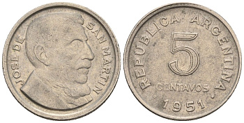Аргентина 5 сентаво 1951 генерал Хосе де Сан Мартин KM 46, Schon 49 медно-никель    4609-1139