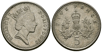 Великобритания 5 пенсов 1990 Елизавета II (1952-2022) KM 937b, Spink 4372 (D4) медно-никель 4173-1237