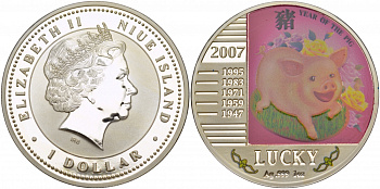 Ниуэ 1 доллар 2007 год Свиньи, удачливый, цветная эмаль KM NEW серебро PROOF 1066-3-53
