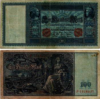 ГЕРМАНИЯ 100 МАРОК 1910 21 АПРЕЛЯ 1910, КРАСНАЯ СЕРИЯ Pick 42 бумага 7205-44-2