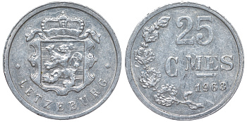 Люксембург 25 сантимов 1963 KM 45a.1 алюминий 4532-935