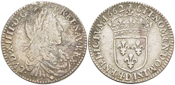 Франция 1/12 экю (10 солей) 1662 D, Людовик  XIIII (1643-1715), монетный двор Лион KM 199.3 серебро 413-2842