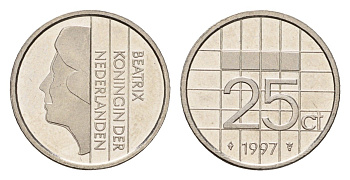 Нидерланды 25 центов 1997 Беатрикс (1980-2013) KM 204 никель UNC 192-1256