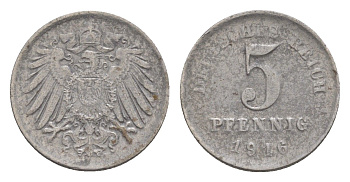 Германия 5 пфеннигов 1916 D, Вильгельм II (1888-1918) KM 19, J. 297, Weege 5 железо плакированное цинком 4640-156