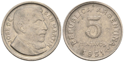 Аргентина 5 сентаво 1951 генерал Хосе де Сан Мартин KM 46, Schon 49 медно-никель    4609-1139