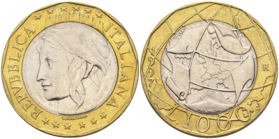 Италия 1000 лир 1997 Европейский Союз, ошибочная карта Европы - ГДР и ФРГ KM 190 биметалл  UNC   4182-124