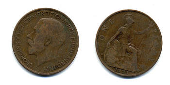 Великобритания 1 пенни 1921 Георг V (1910-1936) KM 810, Spink 4051 бронза 47-623