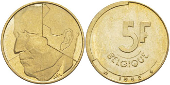 БЕЛЬГИЯ 5 ФРАНКОВ 1992 BELGIQUE, БОДУЭН I (1951-1993) KM 163 латунь или алюминиевая бронза 4364-4136