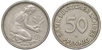 ФРГ 50 пфеннигов 1949 D KM 104, J. 379 медно-никель 4132-626