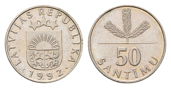 Латвия 50 сантимов 1992 KM 13 медно-никель 105-1146