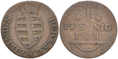 Саксен-Мейнинген 1 пфенниг 1818 Бернхард Эрик (1803-1866) KM 109, Jaeger 410, AKS 177 медь 4383-1056