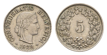 Швейцария 5 раппенов 1928 B KM 26 медно-никель 4532-535