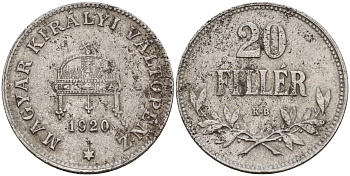 Венгрия 20 филлеров 1920 КВ, Карл I (1916-1918), редкий год KM 498 железо 4151-1023