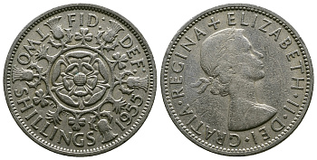 Великобритания 2 шиллинга (флорин) 1955 Елизавета II (1952-2022) KM 906, Spink 4146 медно-никель 4607-923