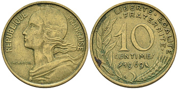 Франция 10 сантимов 1969 тип MARIANNE KM 929 медь алюминий никель 4584-514