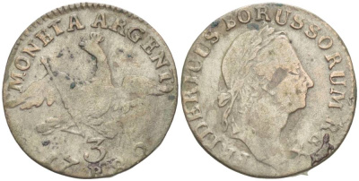 Силезия 3 крейцера 1782 В, Фридрих II Прусский (1740-1786), вес 1,67 гр., монетный двор Бреслау KM 24 серебро 1517-1214