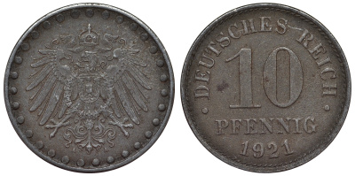 Германия 10 пфеннигов 1921 A KM 20, J. 298 железо 4119-157