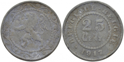 БЕЛЬГИЯ 25 САНТИМОВ 1917 BELGIQUE-BELGIE KM 82 цинк 4529-111