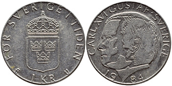 Швеция 1 крона 1984 Карл XVI Густав (1973- ) KM 852a медно-никель 4397-1144