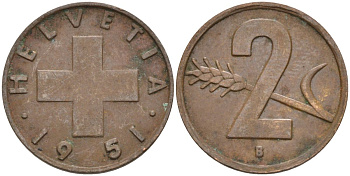Швейцария 2 раппена 1951 В KM 47 бронза 4591-1116