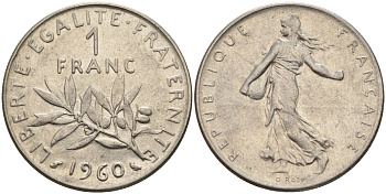 Франция 1 франк 1960 сеятель KM 925.1, Le Franc 226.4 никель 4142-1014