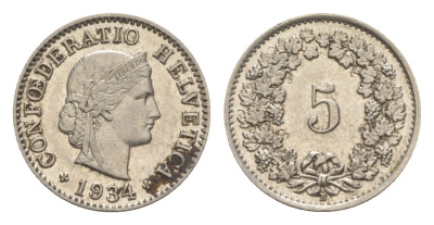 Швейцария 5 раппенов 1934 B KM 26 медно-никель 4627-126