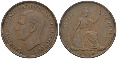 Великобритания 1 пенни 1948 Георг VI (1936-1952) KM 845, Spink 4114 бронза 4112-735