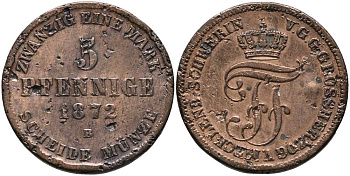 Мекленбург-Шверин 5 пфеннигов 1872 В, Фридрих Франц II (1842-1883) KM 317 (C104), Jaeger 62, AKS 45 медь 117-514