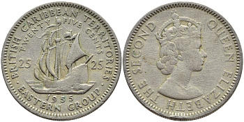 Британские Восточно-Карибские территории 25 центов 1955 Елизавета II (1952-2022), парусник KM 6 медно-никель 76-825